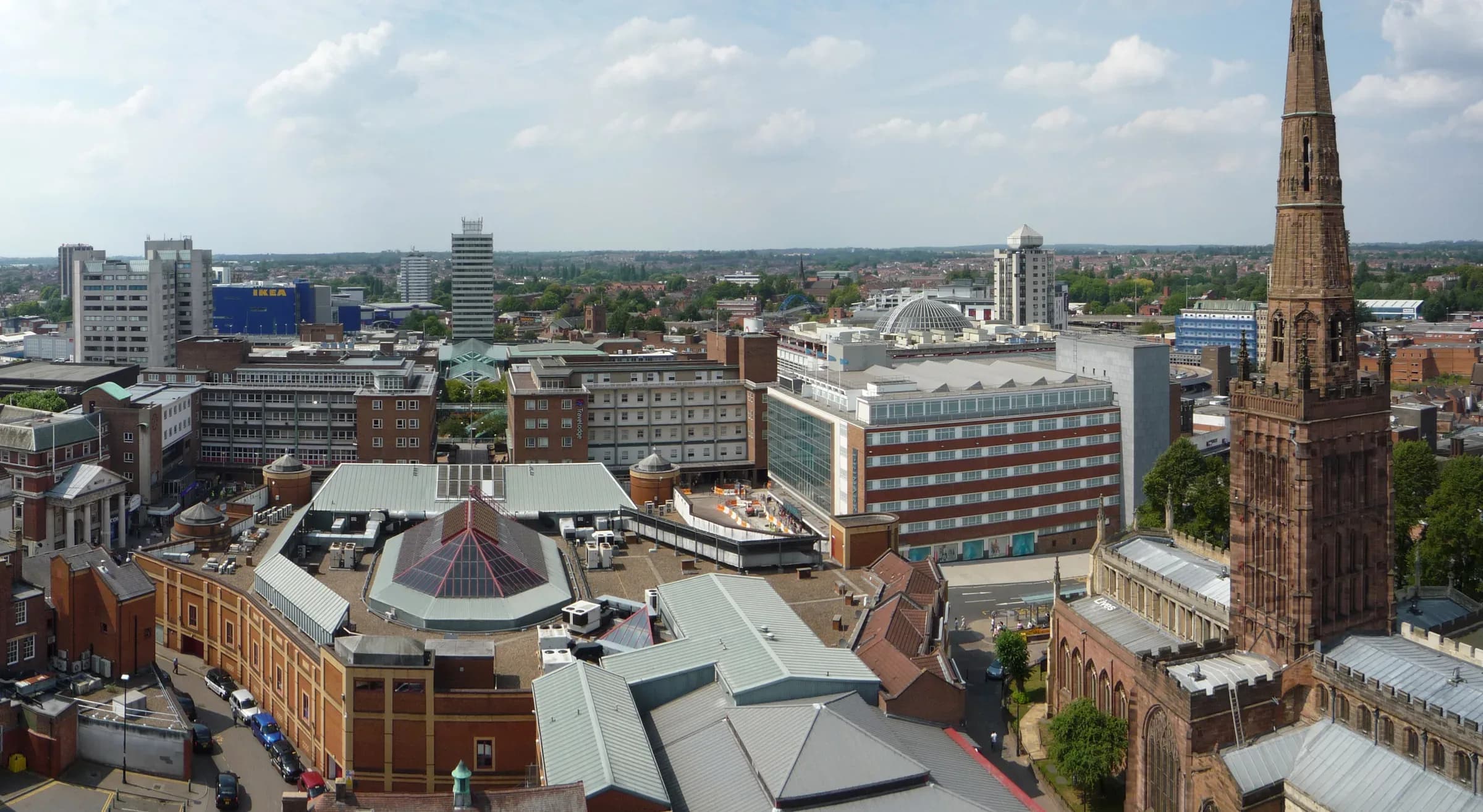 The Coventry skyline, with the cathedral spire among the city’s rooftops.