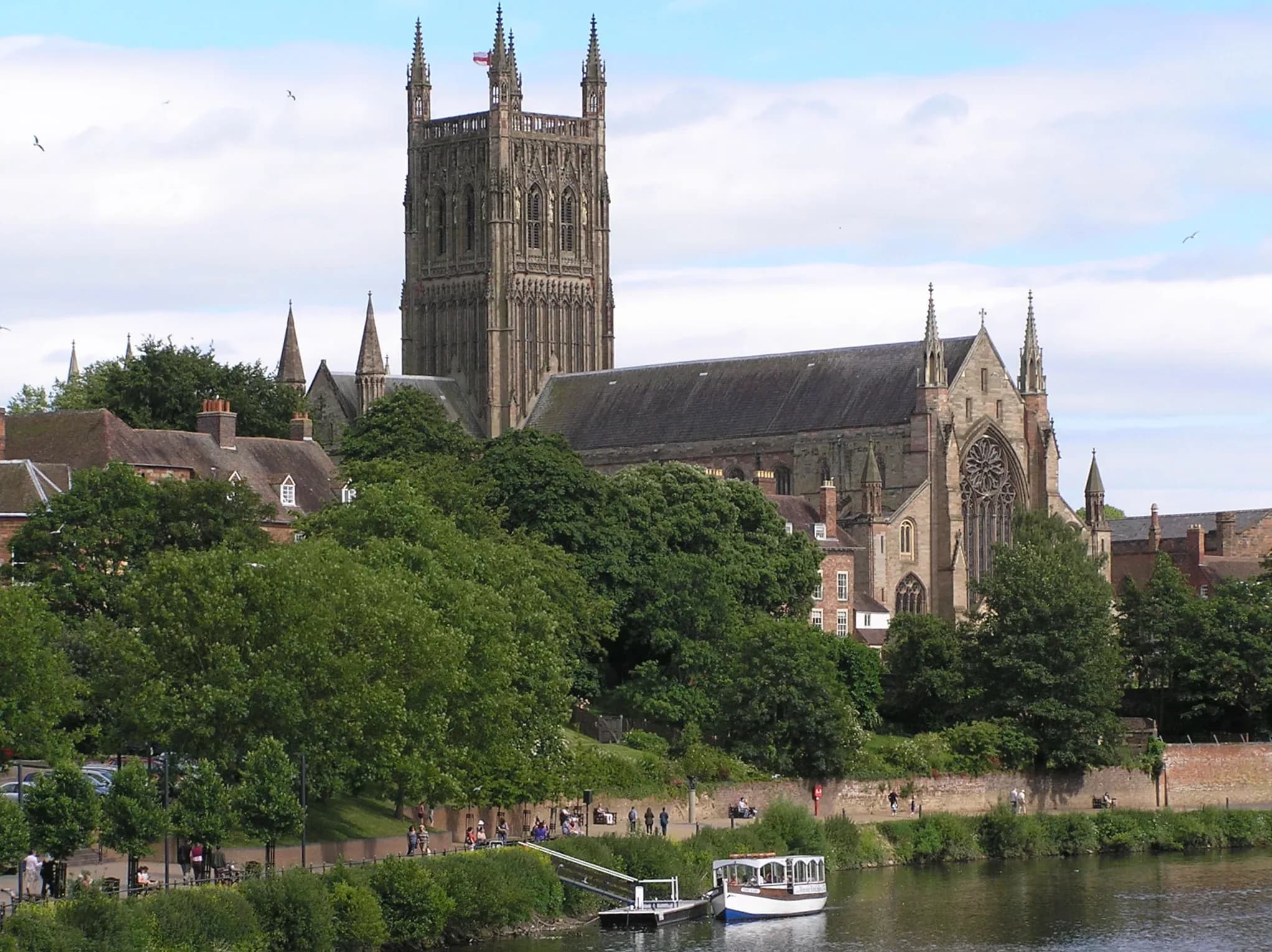 Worcester Cathedral seen across the River Severn from the town bridge.